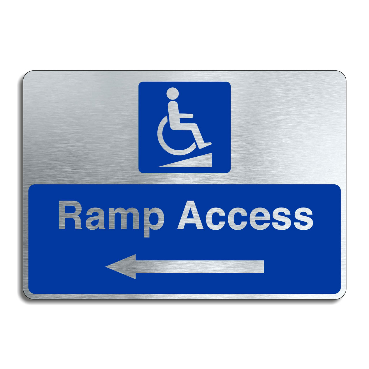 Brushed Aluminum Ramp Access Sign with a Left Pointing Directional Arrow