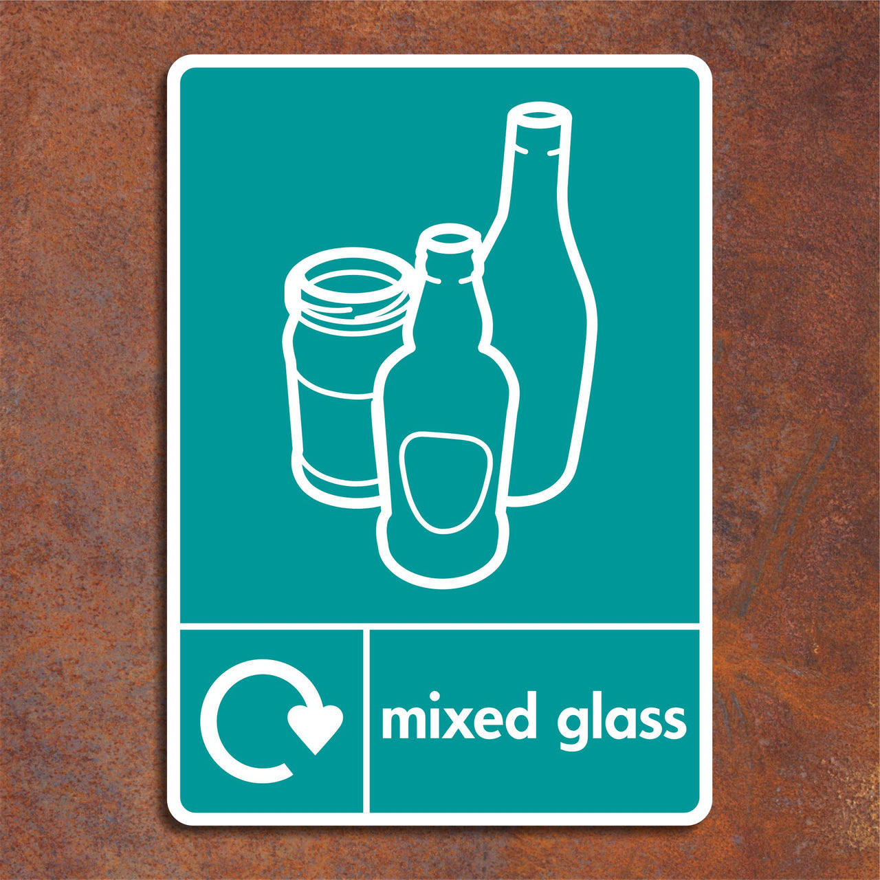 Mixed Coloured Glass Bottles and Glass Jars Recycling Sign
