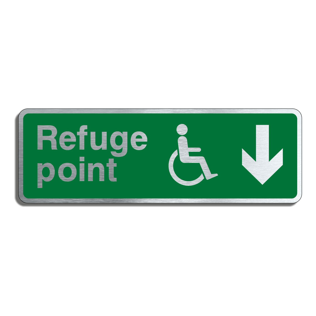 Brushed Aluminium Disabled Refuge Point Sign with Down Arrow