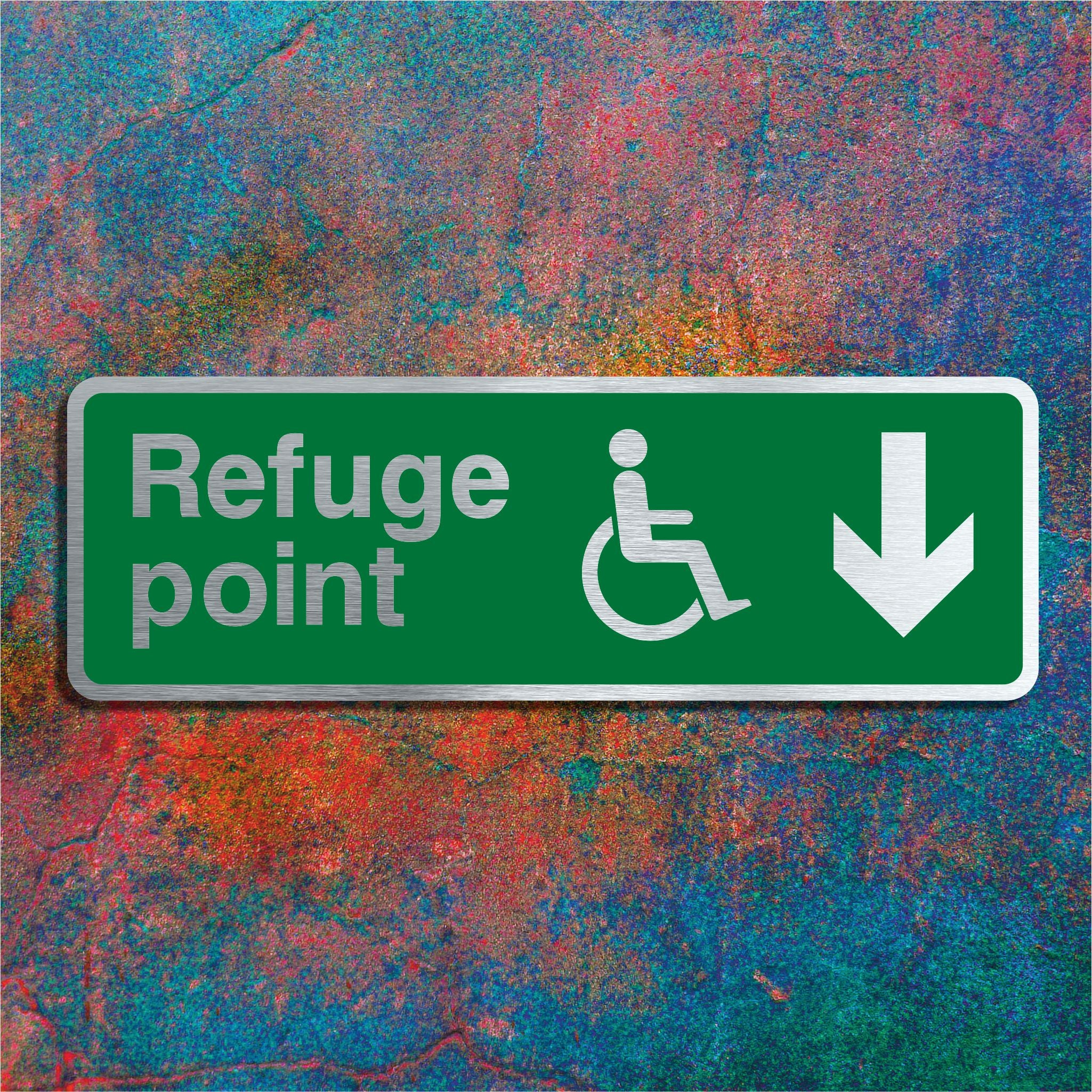 Brushed Aluminium Disabled Refuge Point Sign with Down Arrow