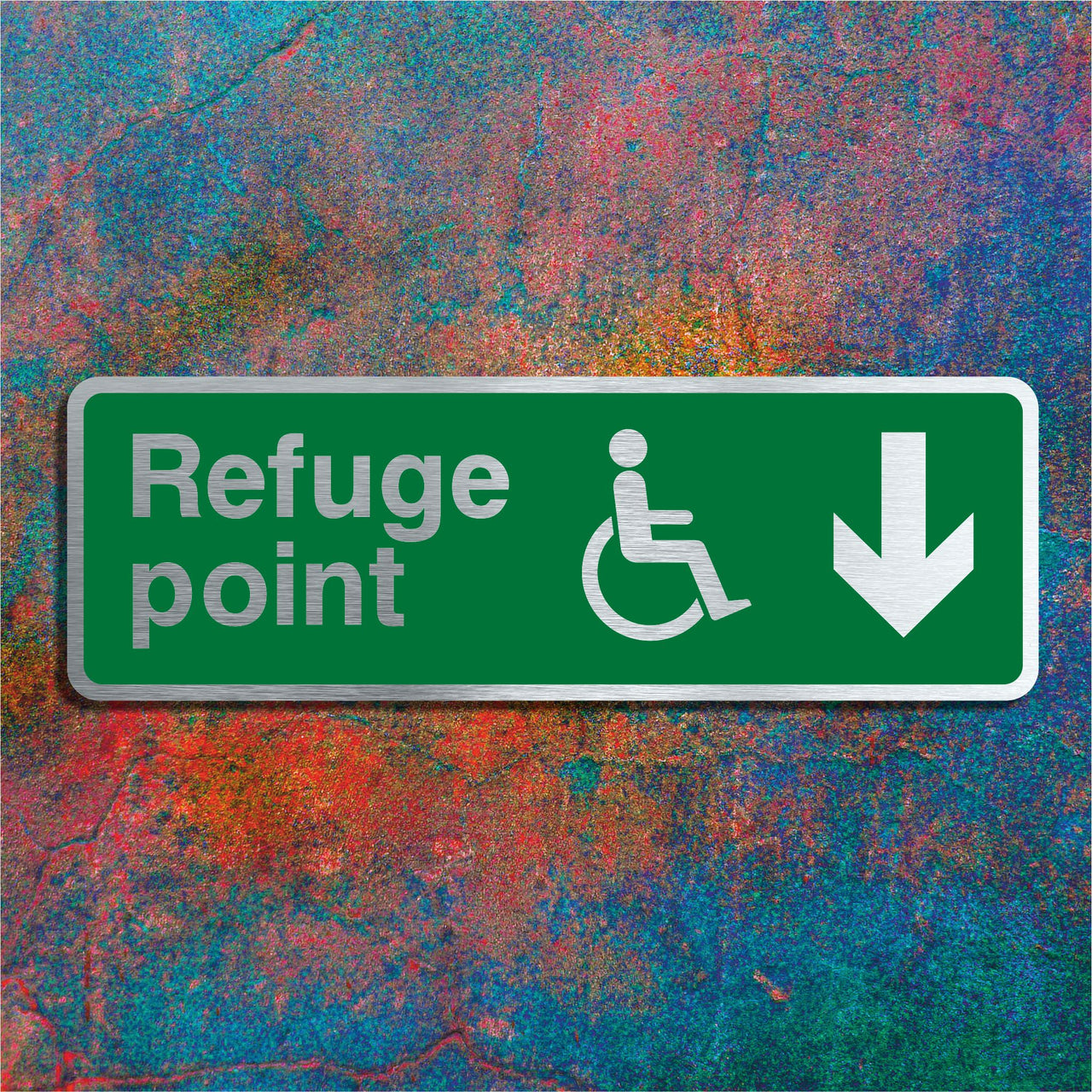 Brushed Aluminium Disabled Refuge Point Sign with Down Arrow