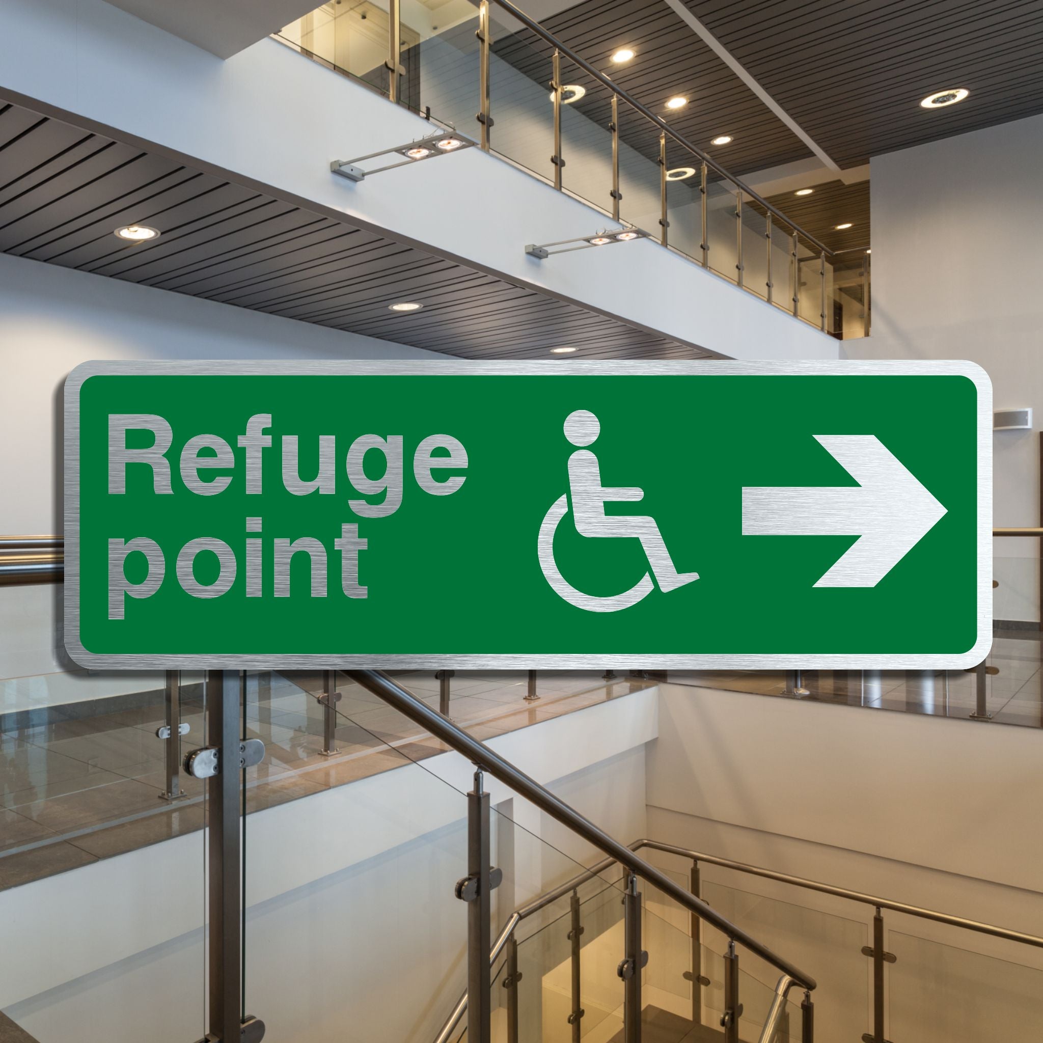 Brushed Aluminium Disabled Refuge Point Sign with Right Arrow