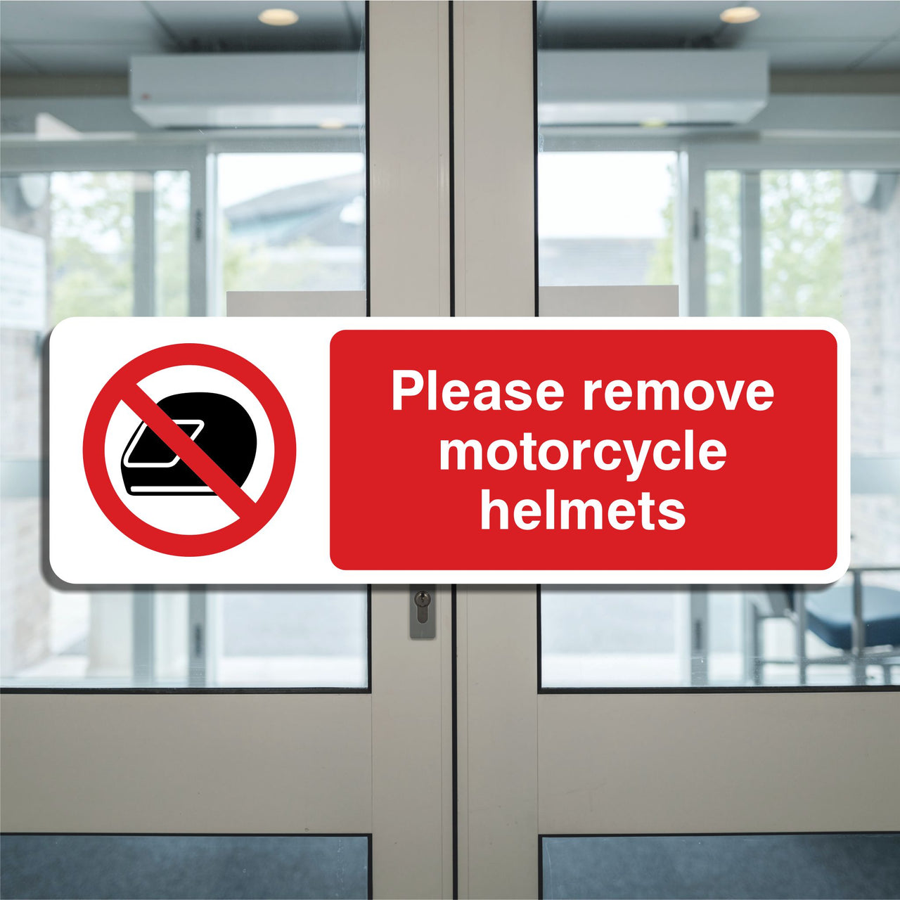Please Remove Motorcycle Helmets Sign
