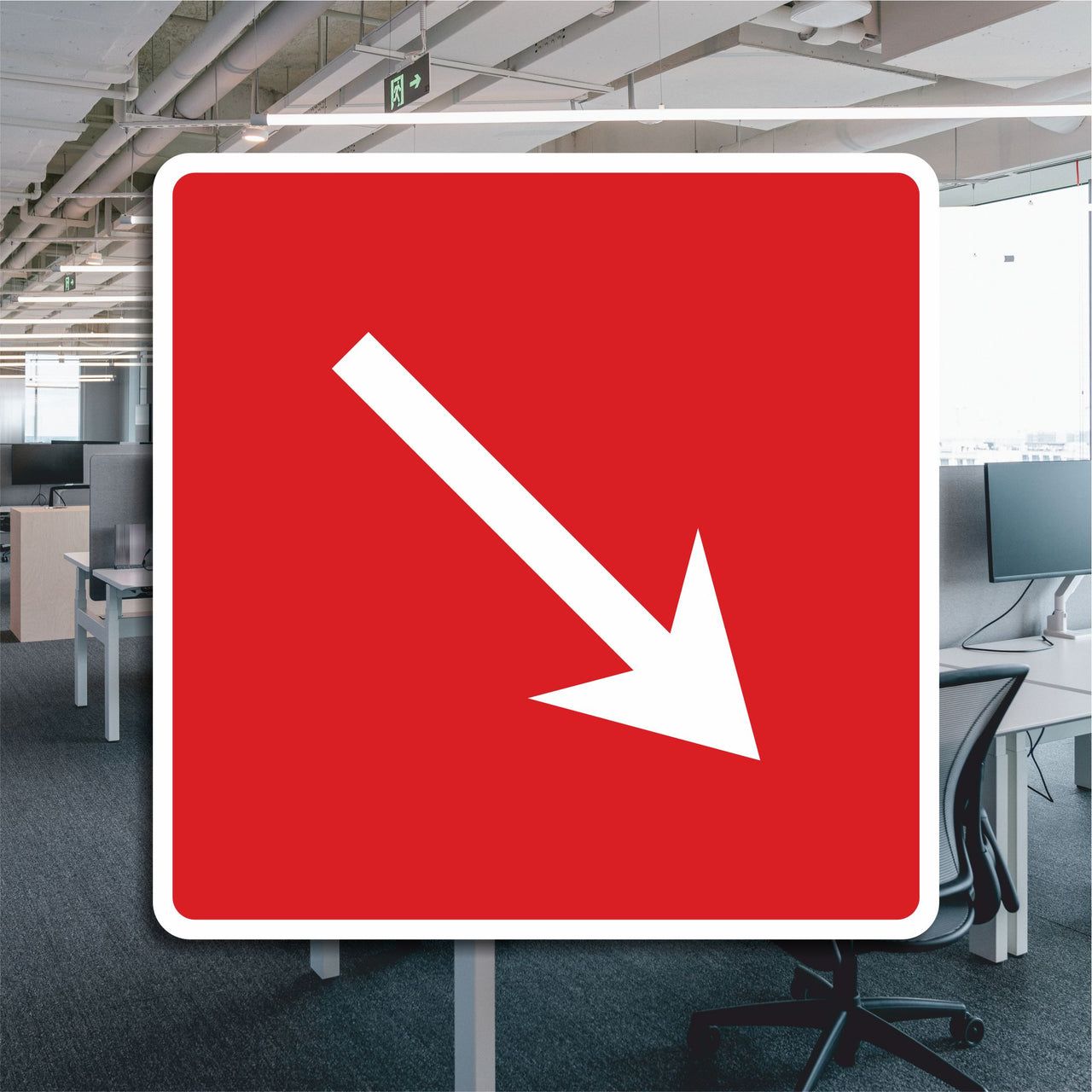 Emergency Directional Sign with Downward and Right Pointing Arrow