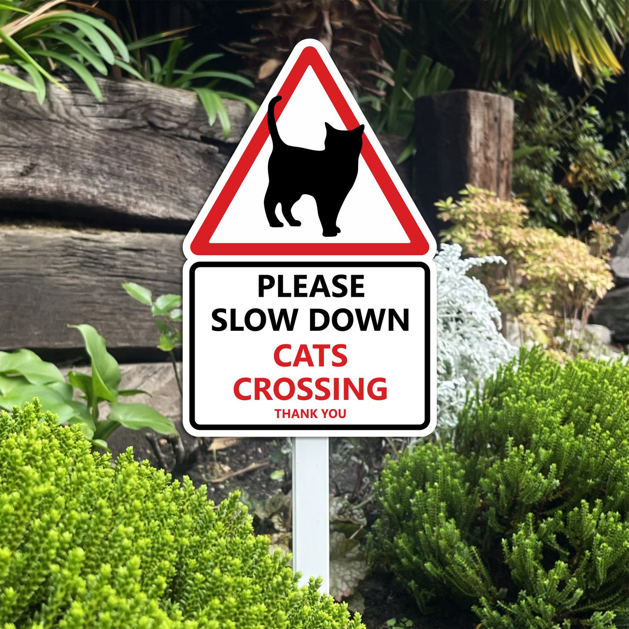 Slow Down Cats Crossing Sign on Low Level Aluminium Stake/s