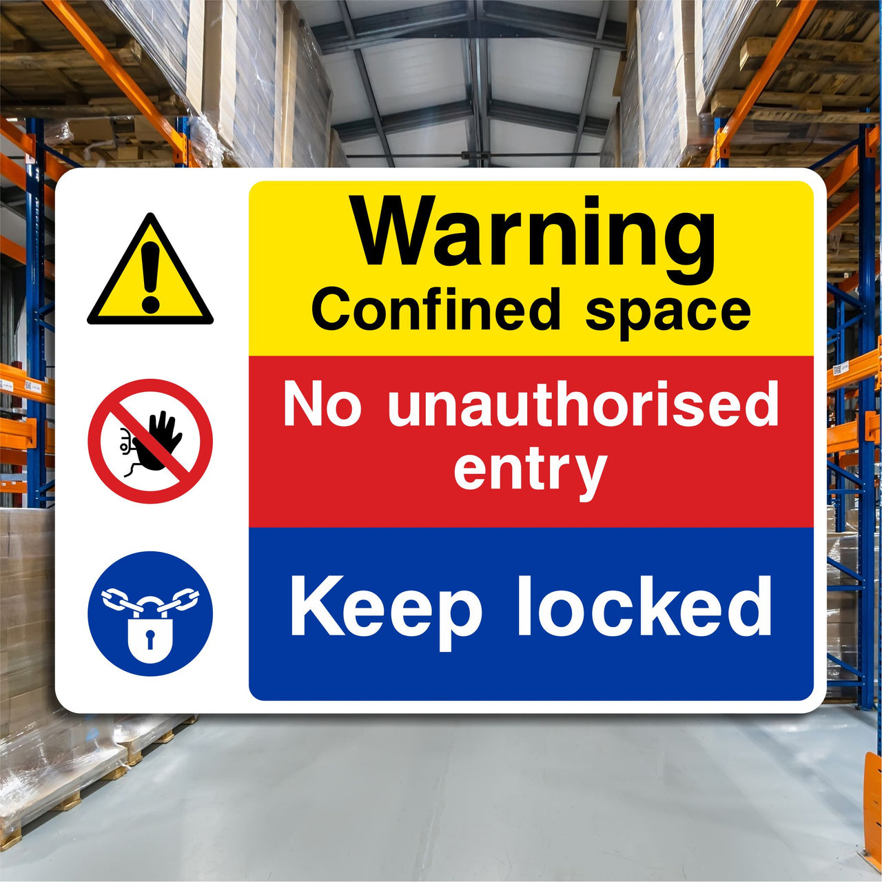 Warning Confined Space No Unauthorised Entry Keep Locked Sign